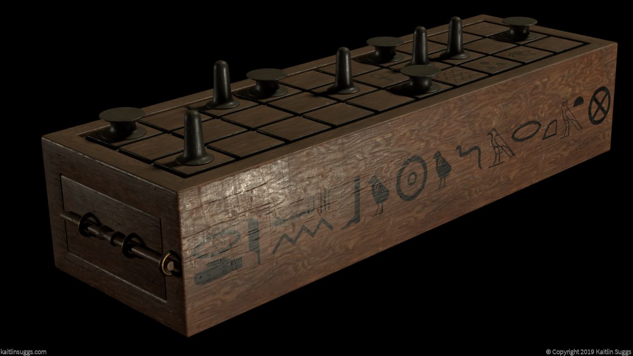Senet board and game pieces
